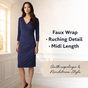 NWT Velvet Navy Faux Wrap Midi Dress M Ruched Surplice Anthropologie Career